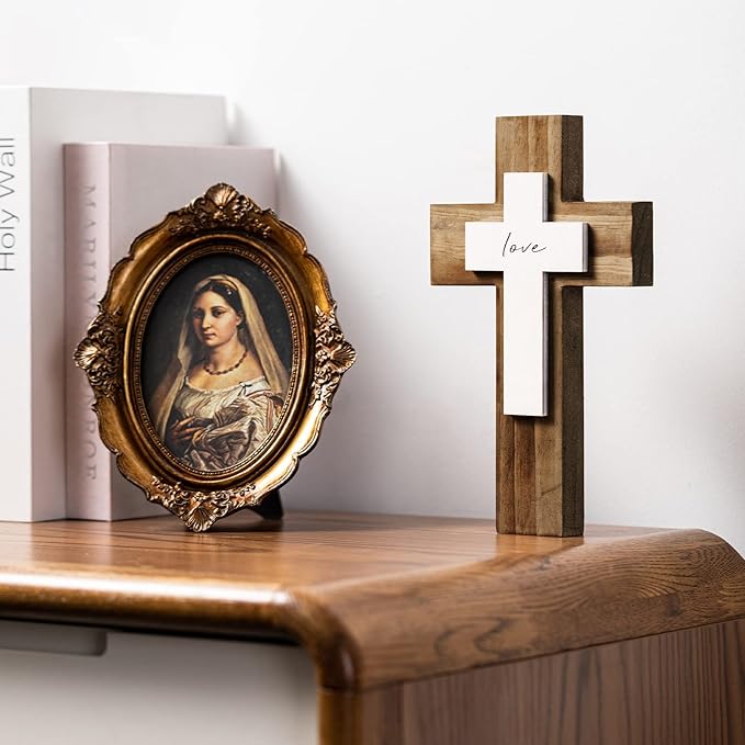 OKSQW Wall & Table Wooden Cross with Love Sign Christians Spiritual Religious Cross Gifts With Hook On Hanging Wall Or Table For Church Home Room Decoration For Christmas
