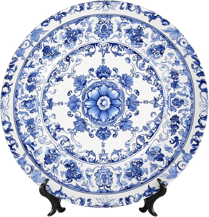 Blue White Flowers Bone China Decorative Plate –ceramic Art Plate With Display Stand For Home, Kitchen, Wall Or Table Decor