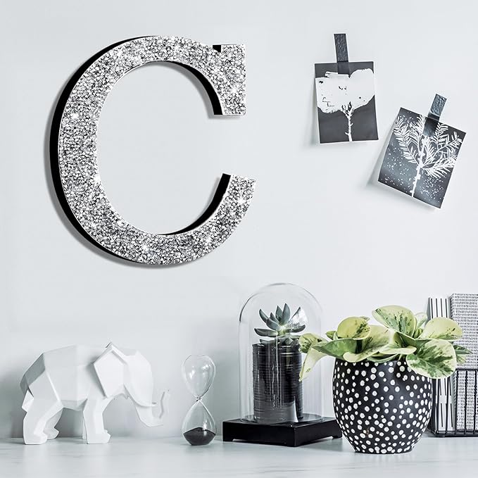 Qunclay 12'' Silver Crystal Diamond Bling Letters Crushed Diamond Decoration Wooden Glitter Letter with Screw and Hooks Rhinestone Gift for Wedding Y2k Mcbling Bedroom Wall Decor (Letter C)