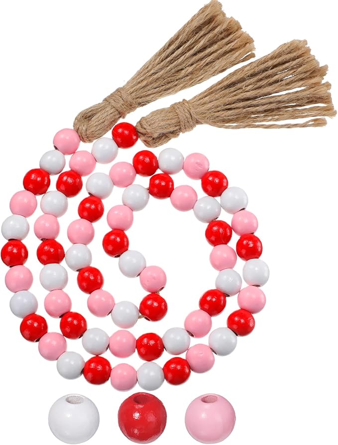 Equsion Seasonal Wooden Bead Garland with Tassels, 3.3 ft Holiday Vintage Boho Bead Garland Easter Tray Decoration, Vase Wall Room Art Birthday Party Decoration(Valentine's Day Colors)