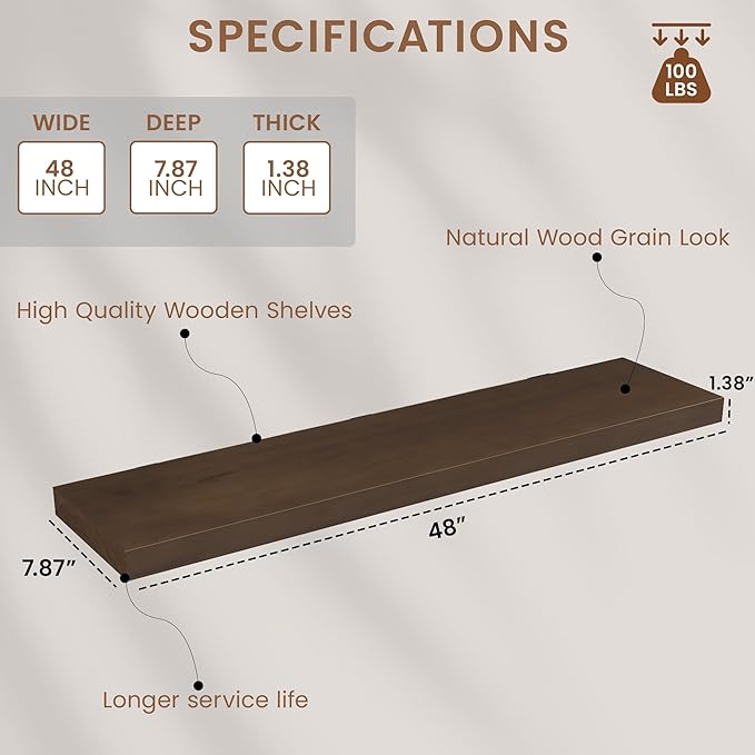 Vivelove Solid Wood Rustic Floating Shelves 36 Inch Long, 8 inch Deep Floating Wall Shelves for Living Room Kitchen Bedroom Bathroom Office, Farmhouse Home Decor, 1 Pack, Dark Walnut, Pine Wood