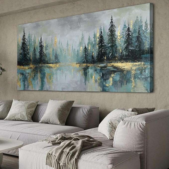 Green Forest Wall Art Vintage Fog Pine Trees Landscape Wall Decor Nature Green and Gold Forest Lake Scenery Canvas Prints Pictures Farmhouse Artwork for Kitchen Living Room Home Decorations 35x70"