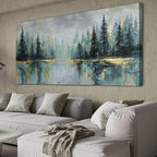 Green Forest Wall Art Vintage Fog Pine Trees Landscape Wall Decor Nature Green and Gold Forest Lake Scenery Canvas Prints Pictures Farmhouse Artwork for Kitchen Living Room Home Decorations 35x70"