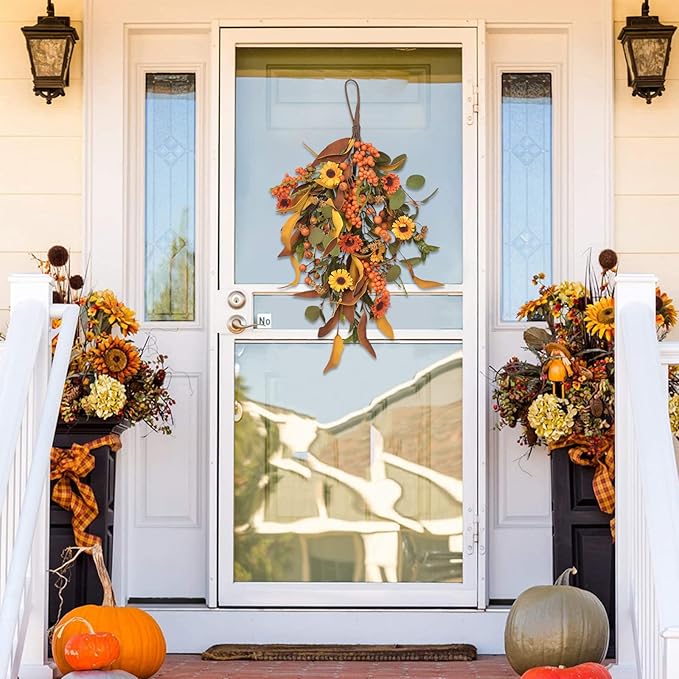 20 Inch Fall Harvest Swag, Artificial Fall Maple Swag Autumn Thanksgiving Day Halloween Decorative Teardrop, Halloween Wall Door Decor Sunflower Berry Fake Wreath (#1)