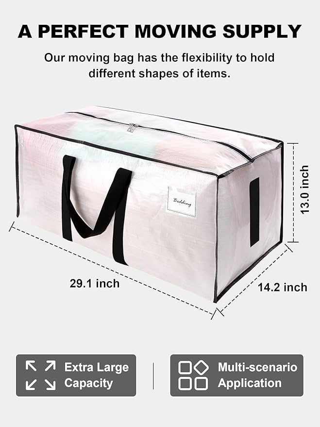80 Pack Large Strong Moving Bags with Zippers & Carrying Handles - Water-Resistant - Heavy Duty Storage Tote for Space Saving, Fold Flat, Alternative to Moving Box (Semi-Transparent)