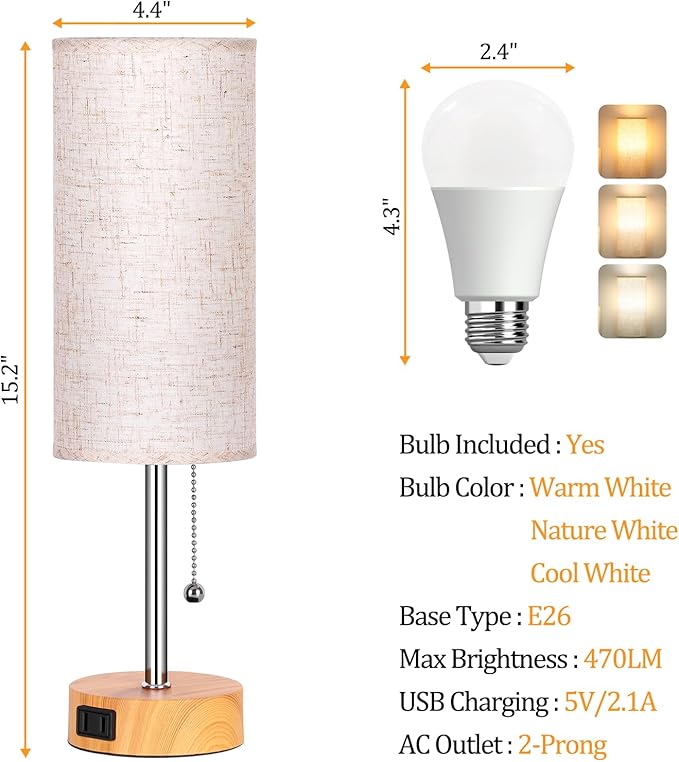 Dott Arts Table Lamp for Bedroom, 3-Color Bedside Lamps with Pull Chain, Bedroom Table Lamps for Nightstand,AC Outlet Small Lamp for Living Room, Bulb Included Oatmeal