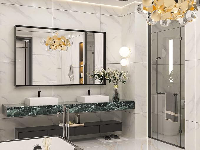 Keonjinn 60 x 36 Inch Black Bathroom Mirrors for Over Sink, Large Metal Framed Rectangle Vanity Mirror for Wall, Matte Black, Square Corner, Oversized, Sturdy & Solid(Horizontal/Vertical)