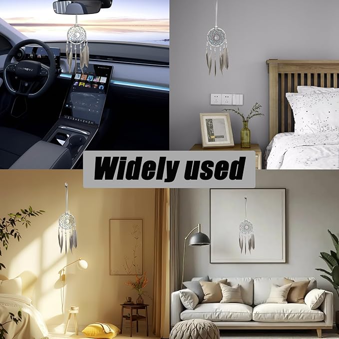 Pine & Linen Handmade Dream Catcher,Bohemian Style Car Rearview Mirror Hanging Charms Feather Pendant,Good Luck Charm for Car Accessories/Wall Hanging/Women/Gift(Silver)