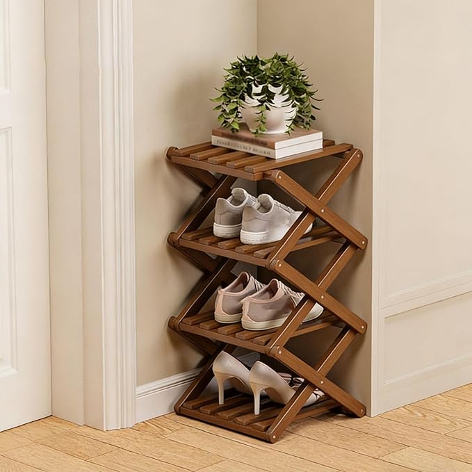 The 9-Tier No-Assembly Bamboo Rack, 2-9 Tier Folding Shoe Storage Rack, Space-Saving Organizer for Shoes, No Assembly Narrow Shoe Shelf for Entryway Closet Dorm (Brown, 4 Tier)