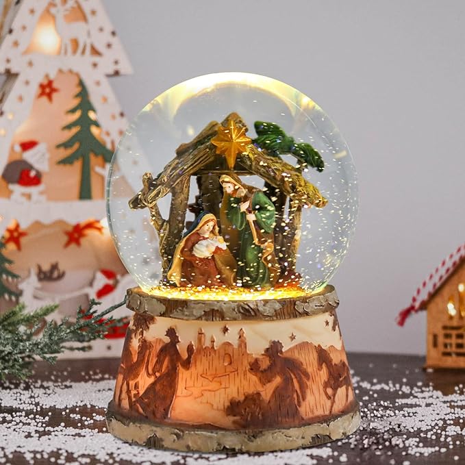 Christmas Snow Globe Musical - Nativity Snowglobes Water Snow Globes with 5 Colors Change LED Light Music Box Home Christmas Decor for Kids Wooden