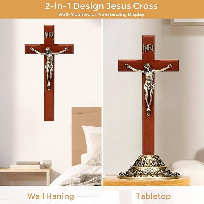 ACHIBANG 12" Crucifix Wall Cross with Stand – Catholic Wooden Standing and Hanging Jesus Cross with INRI for Home or Prayer Room
