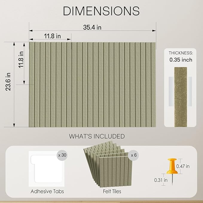 MaxGear Large Cork Boards for Walls 36" x 24", Sage Green Felt Bulletin Board Tiles for Office Decor, 6 Pack Felt Wall Tiles with Slat Paneling, Push Pin Board Home Wall Organizer