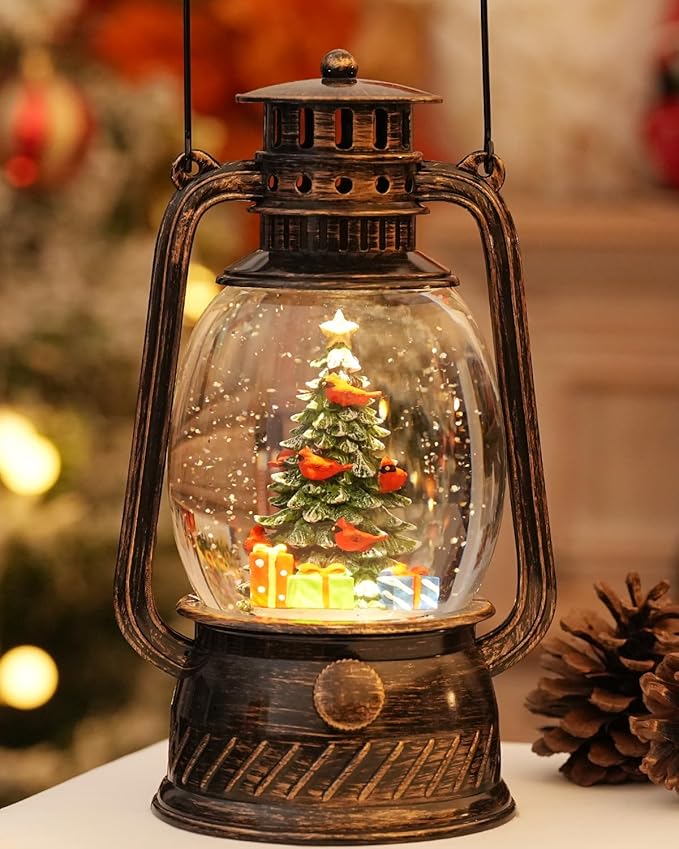 Snow Globe Christmas Decorations, Musical Christmas Snow Globes Glitter Tree Lantern Light Up 6H Time USB Lined/Battery Festival Snow Globes for Adults