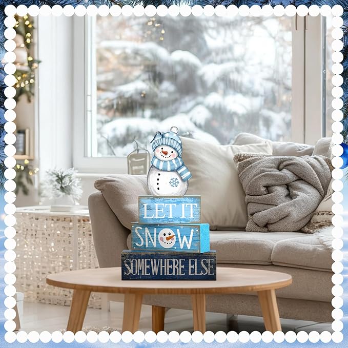 Lineshading 4 Pcs Snowman Christmas Table Decorations Blue and White Wooden Snowman Stacked Block Sign Gifts Winter Tiered Tray Decor Rustic Winter Centerpiece for Wonderland Party Home Kitchen