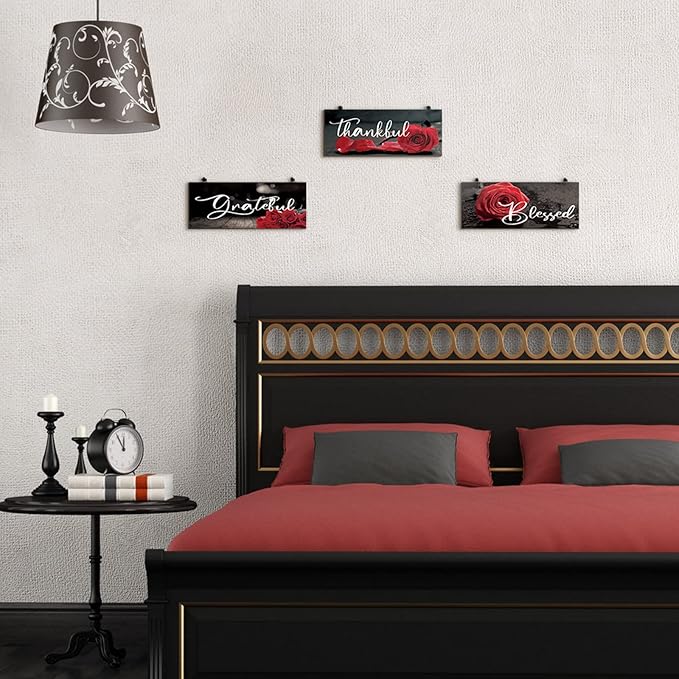 Hillban 3 Pieces Rose Wooden Wall Decor Rose Bathroom Decor Thankful Grateful Blessed Accessories Inspirational Wall Art Signs for Living Room Kitchen Wedding(10 x 4 Inch,Red)