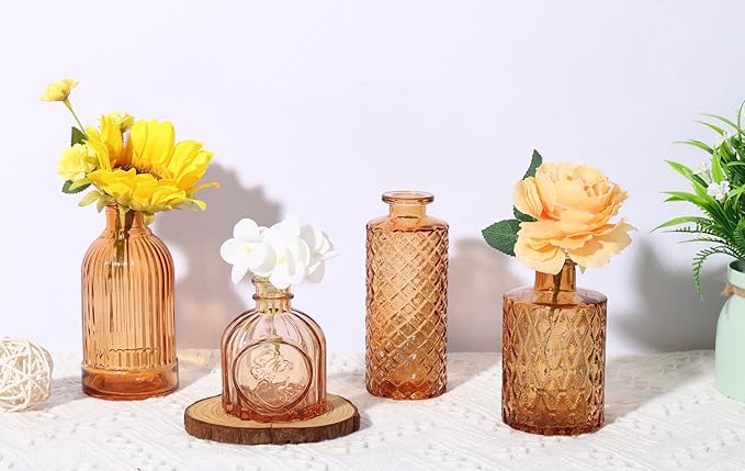 12 Pack Amber Gold Glass Bud Vase Set, Small Vintage Vases for Centerpieces, Decorative Flower Vases for Wedding Home Table Decor