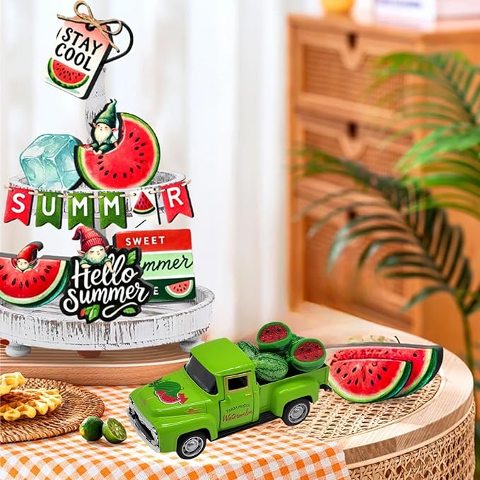 Watermelon Decor Mini Vintage Green Metal Pickup Truck with 6 Realistic Resin Mini Watermelons, Rustic Farmhouse Tiered Tray Decor for Kitchen Table, Happy Summer Party Home Decoration