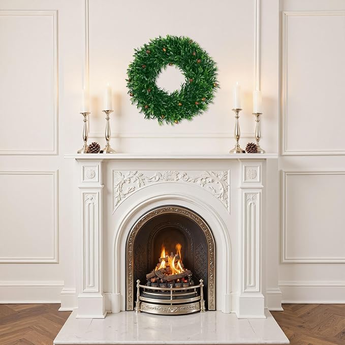 SHACOS Olive Greenery Wreath 17" Artificial Boxwood Front Door Wreaths for Home Wall Window Farmhouse Decoration 100% Plastic Indoor Outdoor
