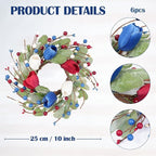 6 Pcs Red White and Blue Patriotic Wreaths, 9 Inch with Sage Green Lamb's Ear, Berry Stems & Tulips | 4th of July Memorial Day Front Door Decor