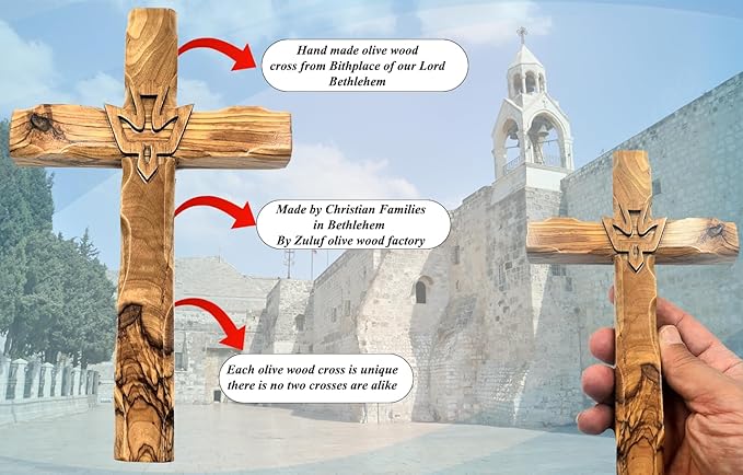 Zuluf 7.8" Olive Wood Dove Cross Wall Hanging Christian Holy Spirit Carved Jerusalem Gift Bedroom Decor CRS019