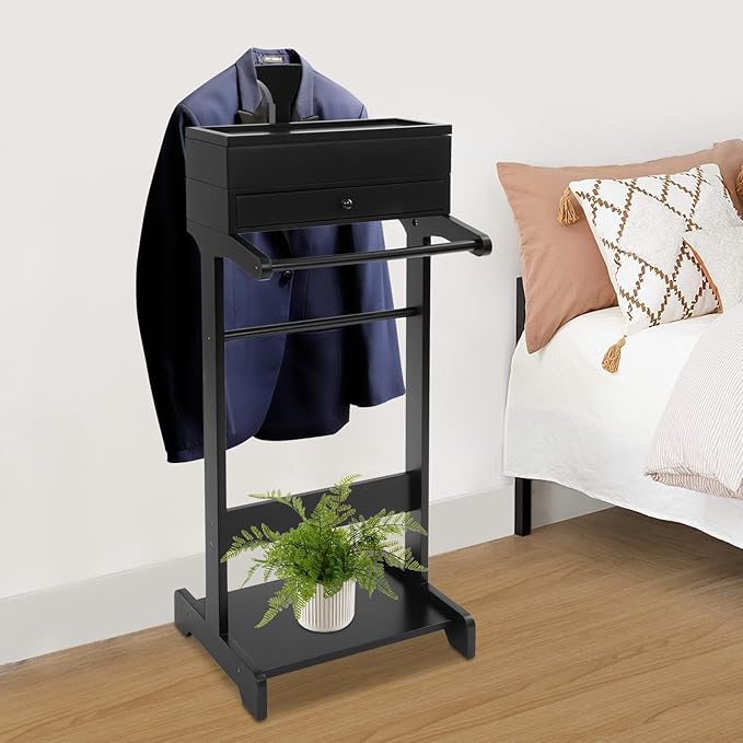 Wooden Valet Stand for Men, Black Suit Valet Stand with Drawer, Suit Rack, Shoe Shelf, Valet Clothes Stand Clothing Rack Used in Entryway, Office, Living Room
