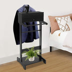 Wooden Valet Stand for Men, Black Suit Valet Stand with Drawer, Suit Rack, Shoe Shelf, Valet Clothes Stand Clothing Rack Used in Entryway, Office, Living Room