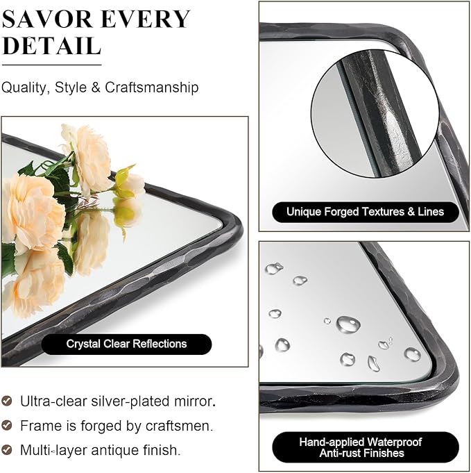 ANDY STAR Hand-Forged Black Bathroom Mirrors for Wall, 30x40 Inch Vintage Solid Steel Metal Frame Bathroom Vanity Mirror, Antique Rounded Rectangle Wall Mirror, Hangs Horizontally or Vertically