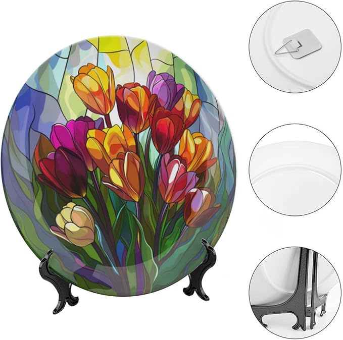 Stained Glass Theme Decorative Ceramic Plate Round Porcelain Plate,7 inch,Tulip Pattern,for Decorative Ornaments Giving Plates, 1 Plate with 1 Display Stand,Multicolor