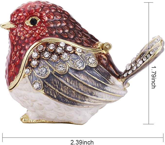 Hand Painted Trinket Box for Home Decor Accents, Enamel Hinged Jewelry Box for Bookshelf Office Table Desk Decoration, Classical Figurine Collectible Keepsake Animal Sculptures (Robin Bird)
