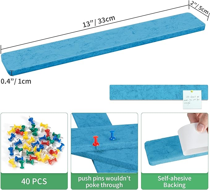 Cork Board for Walls - 8 Pack Felt Pin Board Bar Strips - Self-Adhesive Lightweight Bulletin Board - Cork Board for Office with 40 Push Pins No Damage for Wall (Navy Blue)