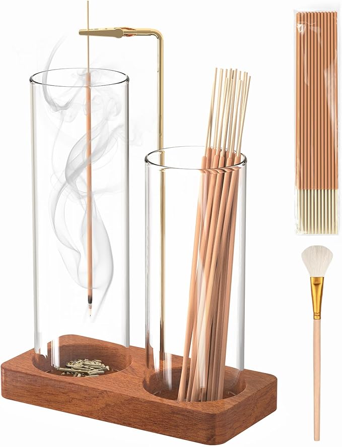 Incense Holder with 7.8" & 5.9" Glass Jars, 2 in 1 Incense Sticks Holder & Ash Catcher, Upside Down Incense Burner with Storage for Meditation, Yoga, Spa, Home Decor, with 20 Incense Sticks & Brush