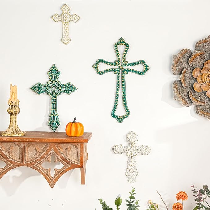 Sungmor 4PC Heavy & Sturdy Embossed Cast Iron Cross Decor for Wall, Beautiful Vintage Decorative Hanging Crosses Wall Decor, Distressed White & Green Religious Wall Sculptures Metal Wall Arts Crosses