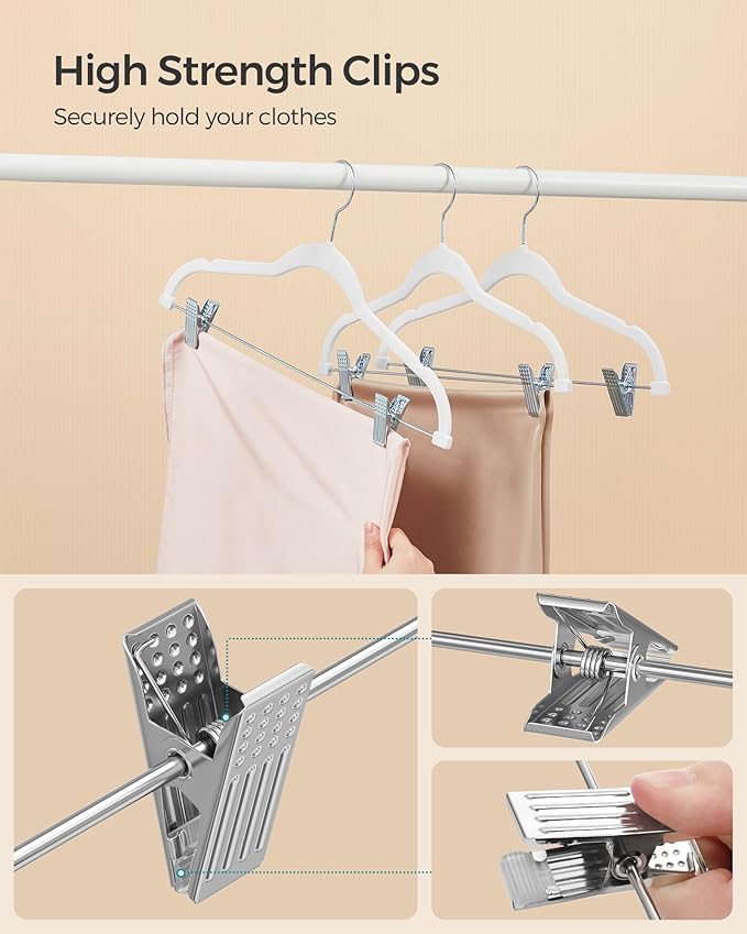 SONGMICS 50-Pack Pants Hangers, 16.7-Inch Long Velvet Hangers with Adjustable Clips, Heavy-Duty, Non-Slip Skirt Hangers, Space-Saving for Pants, Skirts, Coats, Dresses, White UCRF012W50