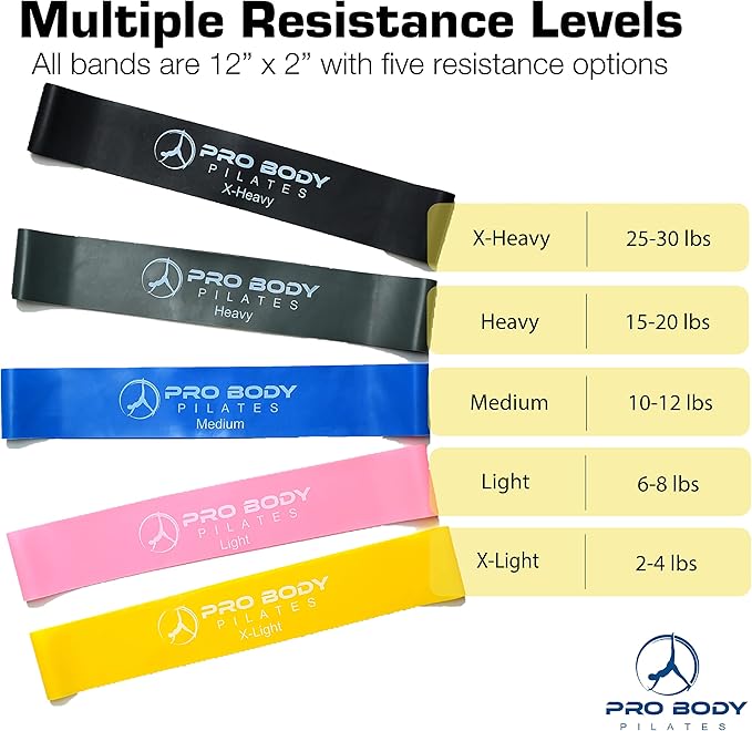 ProBody Pilates Loop Resistance Bands for Working Out, Set of 5 Exercise Bands Resistance, Workout Bands Resistance for Exercise, Small Physical Therapy Bands, 12" x 2"