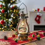 14.2" Christmas Village Buildings Tall Snow Globe Lantern Water Glittering Snowman Family with Music & Timer, USB Lined/Battery Operated Lighted Lantern for Christmas Festival Decoration Gifts