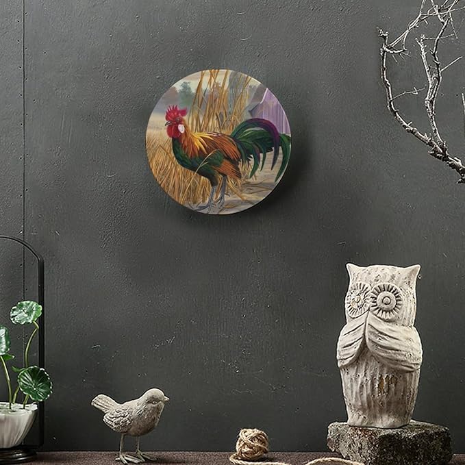Rooster Decorative Plate Holder, 8 Inch, Chicken in Rice Field Round Display Plate, Hanging Decorative Plate with Display Stand, for Wall Hanging Living Room Bathroom Decor Gift