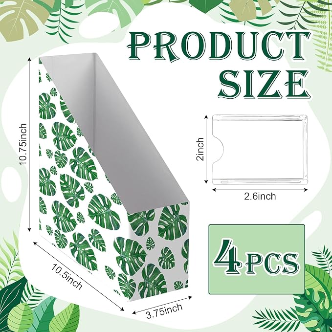 AmazingSpark Set of 4 Monstera Magazine Holder Decorative Foldable Magazine Storage Boxes with Acrylic Label Holders Coquettish Boho Organizer for Office Home Organization Storage