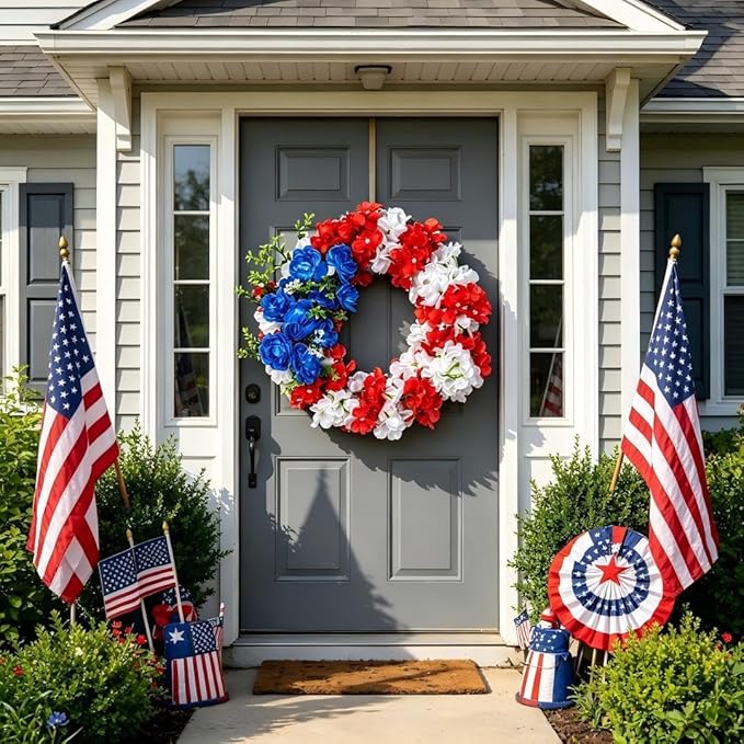 4th of July Decorations Outdoor Patriotic Wreaths for Front Door 250th Anniversary Decorations Red White and Blue American Flag Wreath (American Flag Sunflower A)