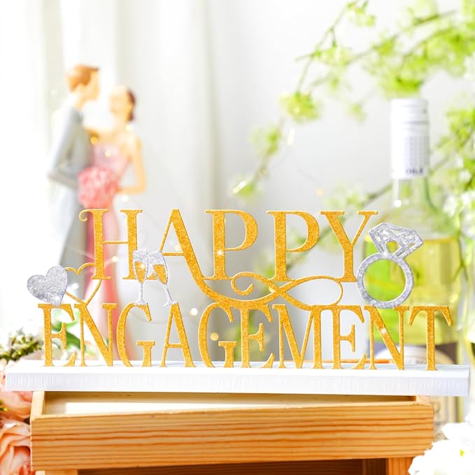 Teenyyou Happy Engagement Sign Gold Engagement Table Decor Metal Centerpiece with Wooden Base Home Desk Decor Tabletop Ornament Elegant Blessing Gift for Bride and Groom Wedding Shower Ceremony Party