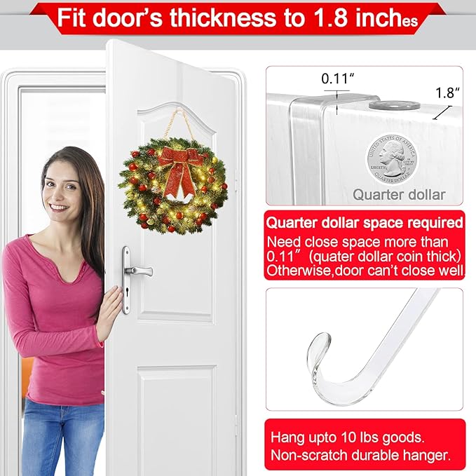 Wreath Hangers for Front Door,12" Clear Wreath Door Hanger,2 Pack Wreath Hanger Non Scratch Over The Door Hooks Easter Christmas Decorations Indoor Outdoor,Welcome Sign for Front Door Decor
