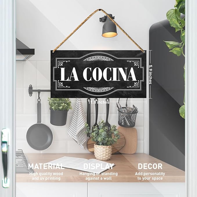 Kitchen Wood Sign Decor, La Cocina Spanish Door Wall Sign Decoration for Farmhouse Kitchen Dining Room Decor Hanging Sign, Housewarming Gifts for New House Home Women Men