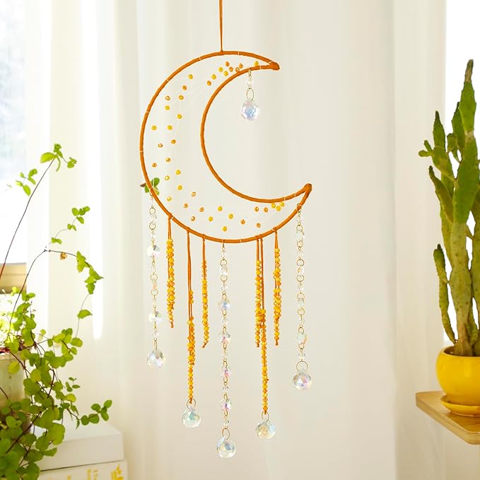 Artilady Moon Dream Catchers - Yellow Dream Catcher with Crystals Princess Room Decor for Girls Kids Adults Baby Bedroom Room Decor Christmas Birthday Teen Girl Gifts