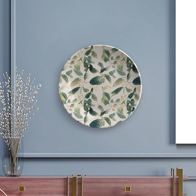 Bone China Decorative Plate Sage Green Eucalyptus Leaves Ceramic Decorative Plates with Display Stand 7inch Handmade Ceramic Ornament Wall Art Decor for Home Kitchen Bedroom Decorative Ornaments