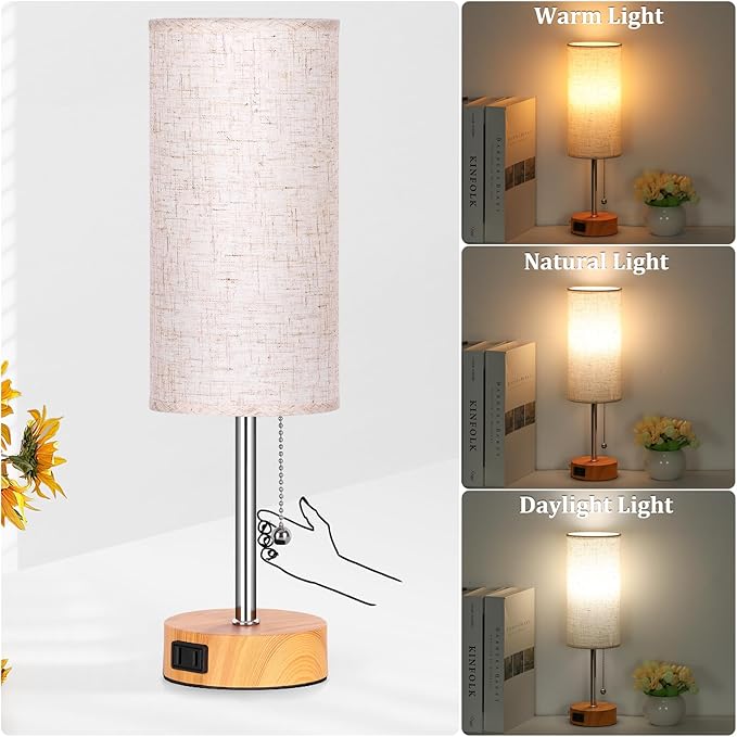 Dott Arts Table Lamp for Bedroom, 3-Color Bedside Lamps with Pull Chain, Bedroom Table Lamps for Nightstand,AC Outlet Small Lamp for Living Room, Bulb Included Oatmeal