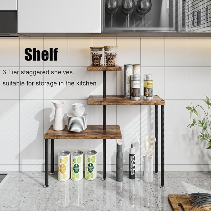 Countertop Organizer Organization 3 Tier Kitchen Corner Shelves Adjustable Spice Storage Rack for Bathroom Coffee Area Over Sink (Black)