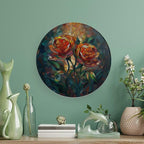 Stained Glass Theme Decorative Ceramic Plate Round Porcelain Plate,8 inch,Roses Pattern,for Decorative Ornaments Giving Plates, 1 Plate with 1 Display Stand,Green Red Orange