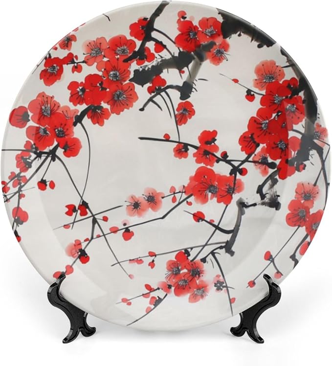 Japanese Spring Theme Decorative Ceramic Plate Round Porcelain Plate,Plum Tree Blossoms Pattern,for Decorative Ornaments Giving Plates, 1 Plate with 1 Display Stand,Red Beige,10 inch