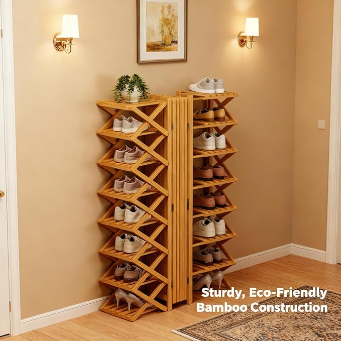 The 9-Tier No-Assembly Bamboo Rack, 2026 Upgraded Foldable Bamboo Shoe Rack, Space-Saving Organizer for Shoes, No Assembly Narrow Shoe Shelf for Entryway Closet Dorm (Brown,5-Tier)