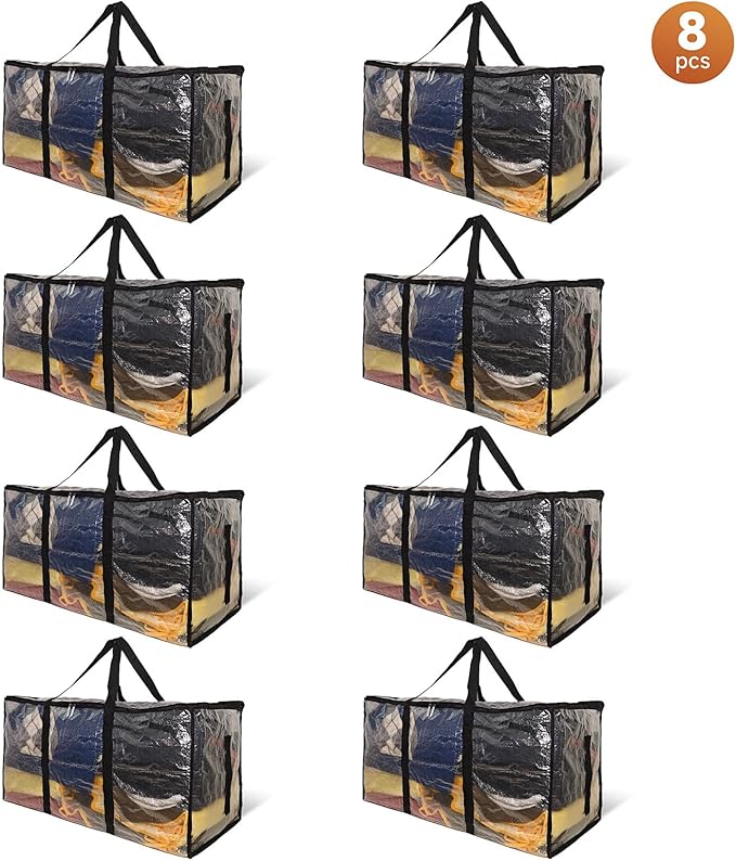 CONGREGATE 8 Pack Extra Large Moving Bags with Zippers and Carrying Handles, Heavy-Duty Storage Tote Moving Boxes for Space Saving, Semi-Transparent 97L/25.6Gal (28.7"x13.7"x15")