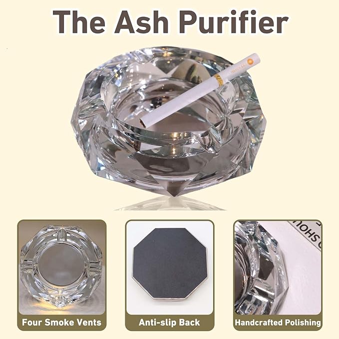 Coomin Crystal Glass Ashtray, Sparkly Cigar Cigarettes Ash Tray, Ashtrays for Smokers Indoor Office Home Desktop Tabletop, Gifts for Men, Silver